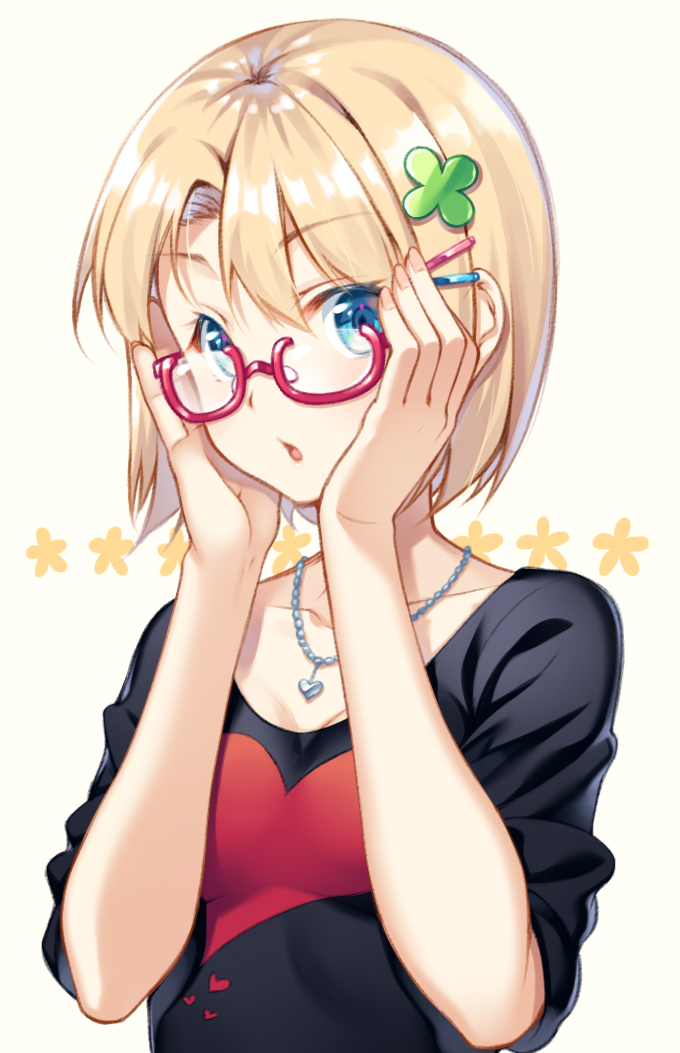 1girl adjusting_glasses blonde_hair blue_eyes clover_hair_ornament eyebrows_visible_through_hair four-leaf_clover_hair_ornament glasses hair_ornament hairclip heart hoshi_ichi jewelry looking_at_viewer necklace open_mouth original semi-rimless_glasses short_hair solo