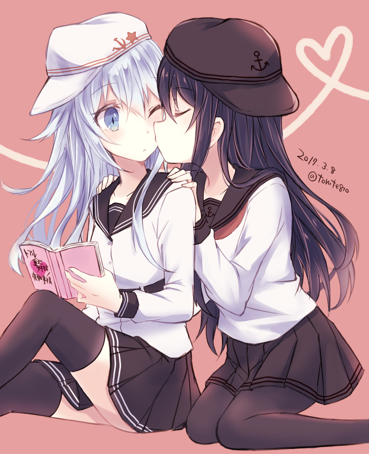 2girls akatsuki_(kantai_collection) black_hair black_hat black_legwear black_skirt blue_eyes book cheek_kiss closed_eyes dated flat_cap hammer_and_sickle hat hibiki_(kantai_collection) holding holding_book kabocha_torute kantai_collection kiss long_hair long_sleeves multiple_girls neckerchief one_eye_closed pantyhose pink_background pleated_skirt red_neckerchief remodel_(kantai_collection) sailor_collar school_uniform serafuku silver_hair skirt thigh-highs twitter_username verniy_(kantai_collection) yuri