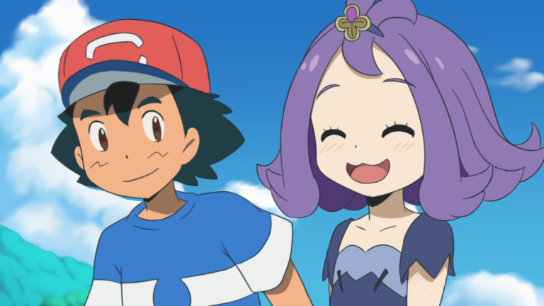 1boy 1girl acerola_(pokemon) black_hair blush brown_eyes nekono_rin npc_trainer pokemon pokemon_(anime) pokemon_(game) pokemon_sm pokemon_sm_(anime) purple_hair satoshi_(pokemon) trial_captain