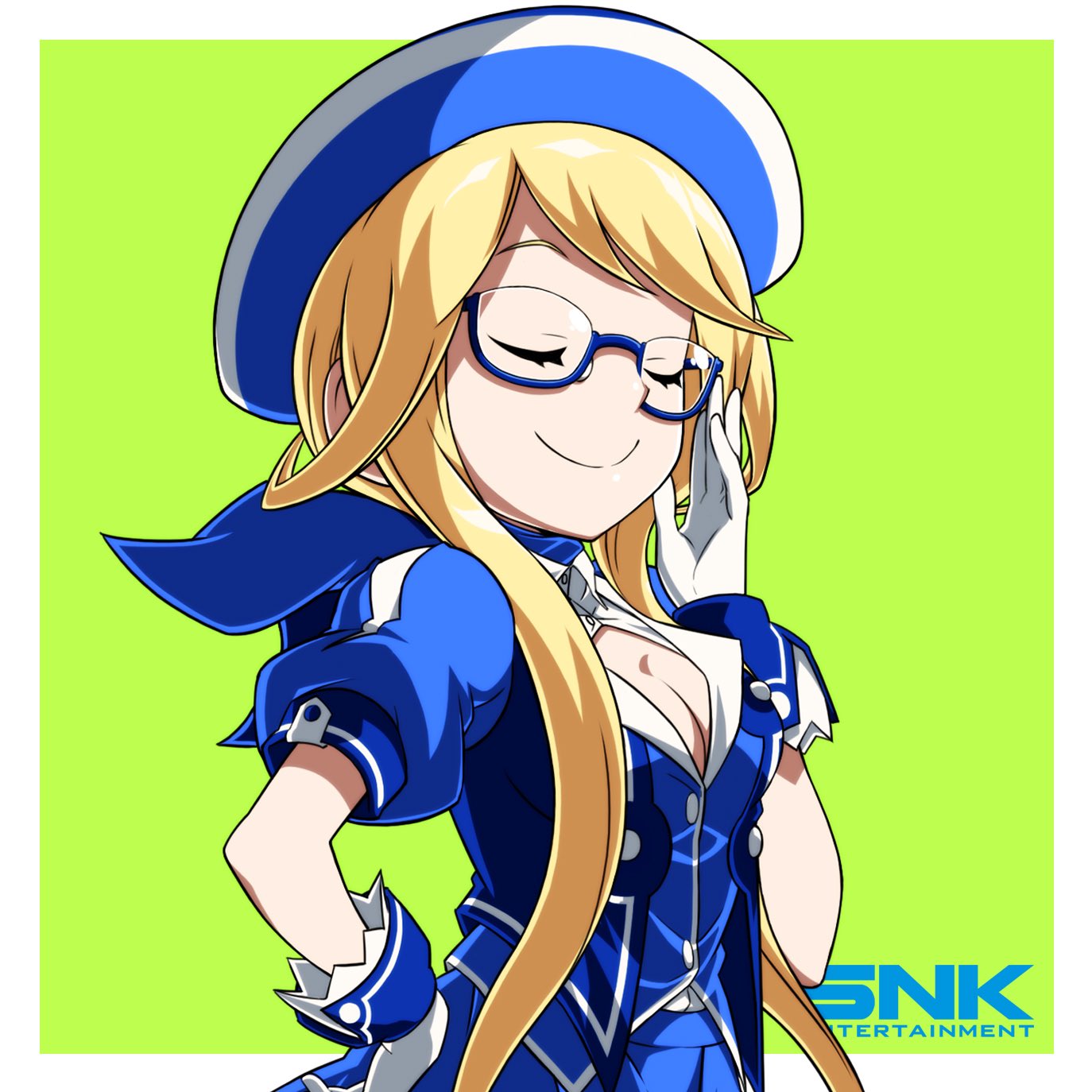 1girl adjusting_glasses ascot beret blonde_hair blue_ascot closed_eyes enta_girl falcoon glasses gloves green_background hand_on_hip hat highres logo mascot official_art puffy_short_sleeves puffy_sleeves short_hair_with_long_locks short_sleeves simple_background smile snk solo upper_body white_gloves