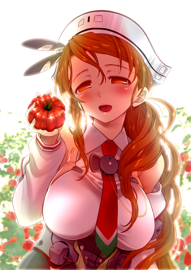 1girl arm_behind_back bare_shoulders blush breasts brown_eyes brown_hair commentary_request corset detached_sleeves food fruit hair_between_eyes half-closed_eyes holding holding_fruit kantai_collection large_breasts littorio_(kantai_collection) long_hair looking_at_viewer necktie open_mouth ponytail shirt sleeveless sleeveless_shirt smile solo sumeragi_hamao tomato upper_body wavy_hair