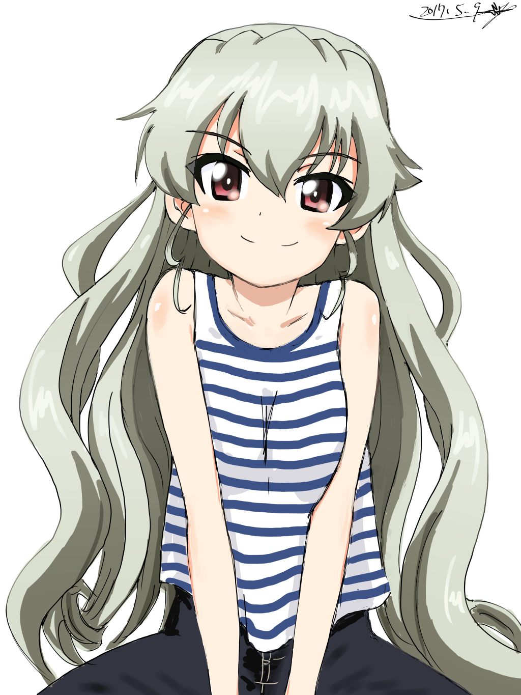 1girl alternate_hairstyle anchovy artist_name bangs black_pants blue_shirt bukkuri casual closed_mouth collarbone dated girls_und_panzer green_hair hair_down highres long_hair looking_at_viewer pants red_eyes shirt signature sitting sketch smile solo striped striped_shirt tank_top upper_body v_arms