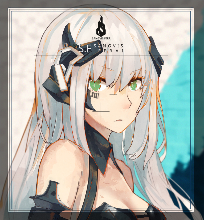 1girl bangs barcode barcode_tattoo bare_shoulders black_leotard blunt_bangs border breasts cleavage cleavage_cutout detached_collar framed gager_(girls_frontline) girls_frontline green_eyes grey_hair headgear headphones leotard long_hair looking_at_viewer open_mouth openvl sangvis_ferri_android_(girls_frontline) solo tattoo upper_body