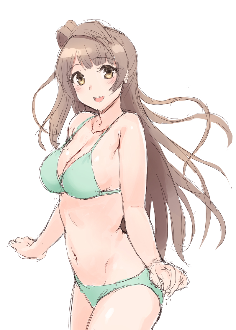 1girl :d bangs bare_shoulders bikini brown_hair clenched_hands commentary_request cowboy_shot green_bikini kichiroku long_hair looking_at_viewer love_live! love_live!_school_idol_project midriff minami_kotori navel one_side_up open_mouth simple_background sketch smile solo swimsuit white_background yellow_eyes