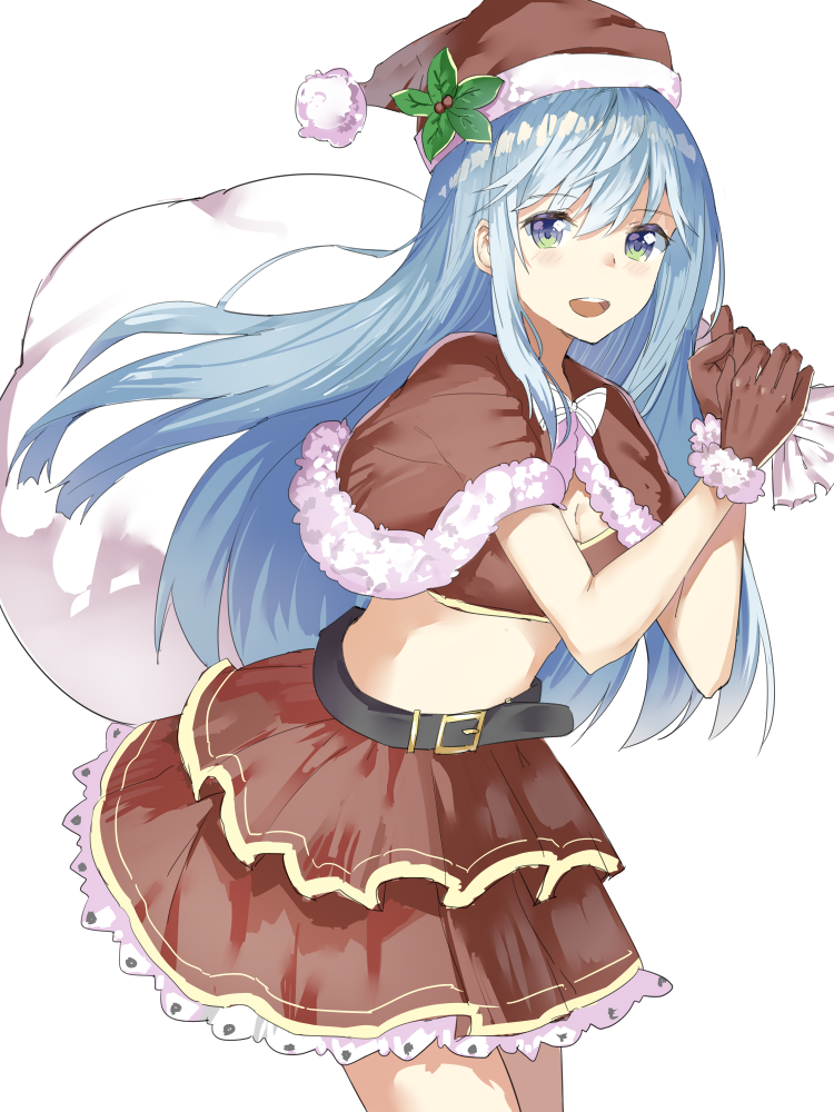 1girl aquna bangs black_belt blush bow breasts capelet carrying cleavage cowboy_shot eyebrows_visible_through_hair frilled_skirt frills fur-trimmed_capelet fur-trimmed_gloves fur_trim gloves green_eyes hat holly layered_skirt light_blue_hair long_hair looking_at_viewer medium_breasts midriff open_mouth original red_capelet red_gloves red_hat red_shirt red_skirt sack santa_costume santa_gloves santa_hat shirt sidelocks simple_background skirt smile solo standing white_background white_bow