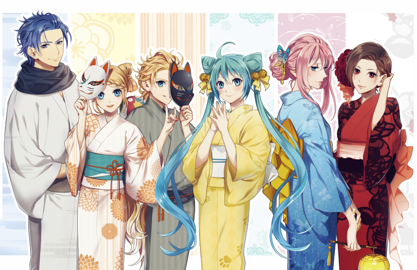 2boys 4girls :d ahoge aqua_hair bell black_scarf blonde_hair blue_eyes blue_kimono blue_nails blush bow brown_hair grey_kimono hair_bell hair_bow hair_ornament hair_ribbon hairpin hand_in_hair hatsune_miku holding holding_mask japanese_clothes kagamine_len kagamine_rin kaito kimono long_hair looking_at_viewer mask megurine_luka meiko multiple_boys multiple_girls nail_polish obi open_mouth pink_hair red_eyes red_kimono ribbon sash scarf short_hair short_hair_with_long_locks sidelocks smile standing suzunosuke_(sagula) twintails very_long_hair vocaloid white_kimono yellow_kimono yellow_ribbon yukata