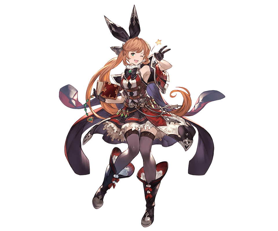 1girl armpits belt black_boots black_gloves black_legwear book boots brown_hair cape clarisse_(granblue_fantasy) fire full_body gloves granblue_fantasy hair_ribbon holding jacket knee_boots long_hair looking_at_viewer minaba_hideo official_art one_eye_closed open_mouth pleated_skirt ribbon skirt sleeveless smile solo standing test_tube thigh-highs transparent_background zettai_ryouiki