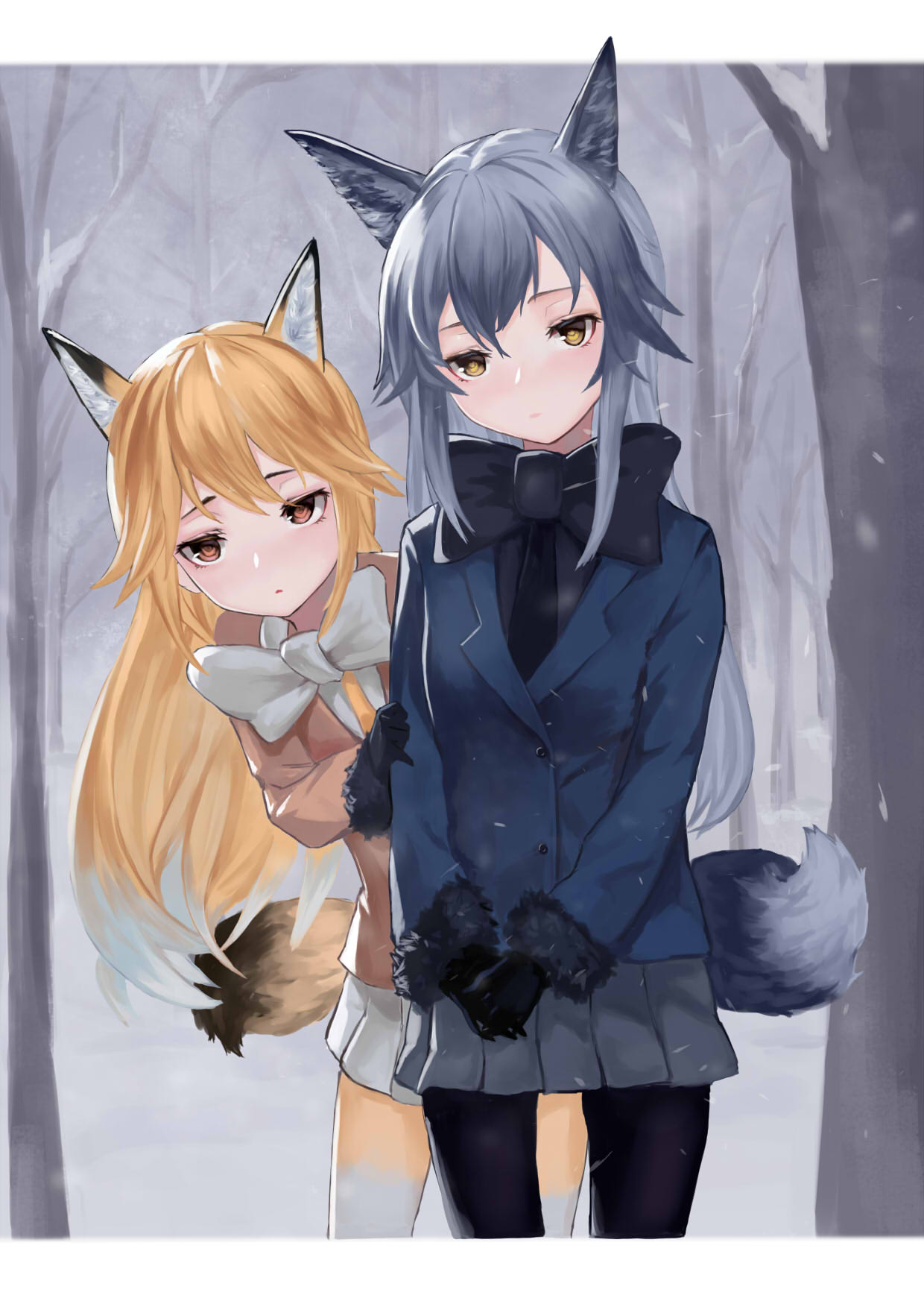 2girls :&lt; animal_ears bare_tree black_bow black_bowtie black_gloves black_legwear black_necktie blazer blonde_hair blue_blazer border bow bowtie brown_eyes buttons closed_mouth cowboy_shot expressionless extra_ears eyebrows eyelashes ezo_red_fox_(kemono_friends) fox_ears fox_tail fur-trimmed_sleeves fur_trim gloves gradient_hair gradient_legwear grey_hair grey_skirt hair_between_eyes hand_on_another's_arm hiding highres jacket kemono_friends long_hair long_sleeves multicolored multicolored_clothes multicolored_hair multicolored_legwear multiple_girls necktie orange_jacket outdoors own_hands_together pantyhose pleated_skirt sanpaku shou_xun_bu_liang shy silver_fox_(kemono_friends) silver_hair skirt snow snowing tail thigh_gap tree tsurime two-tone_hair two-tone_legwear very_long_hair white_border white_bow white_bowtie white_hair white_legwear white_skirt yellow_eyes yellow_legwear yellow_necktie