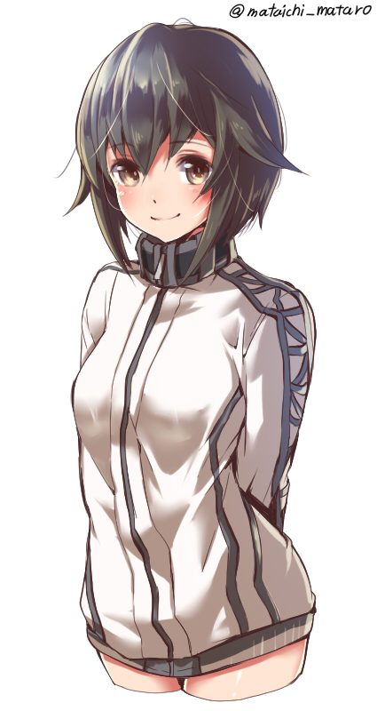 1girl arms_behind_back black_hair breasts commentary_request cropped_legs grey_eyes hayasui_(kantai_collection) jacket kantai_collection long_sleeves looking_at_viewer mataichi_matarou medium_breasts short_hair simple_background smile solo track_jacket turtleneck twitter_username white_background zipper