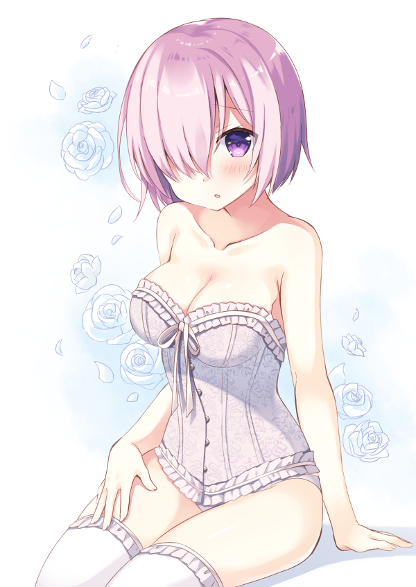 1girl :o arm arm_support bare_arms bare_shoulders blush breasts cleavage corset fate/grand_order fate_(series) female floral_background flower hair_over_one_eye highres large_breasts lavender_hair legs looking_at_viewer open_mouth panties petals rose sakura_yuzuna shielder_(fate/grand_order) shiny shiny_hair short_hair sitting solo strapless thigh-highs violet_eyes white_flower white_legwear white_rose