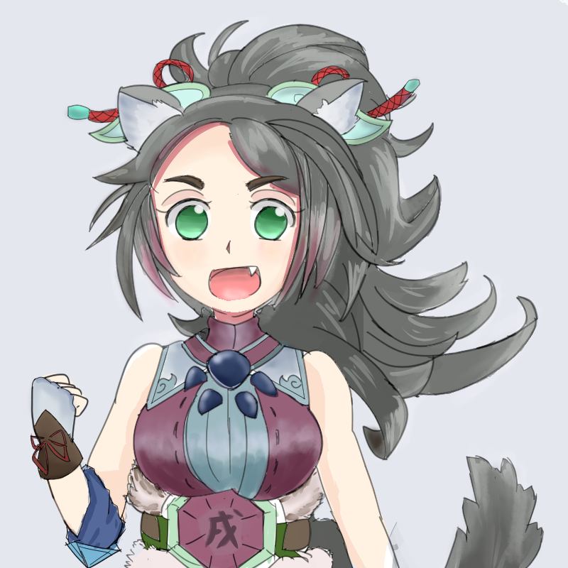 1girl animal_ears bare_shoulders breasts brown_gloves duel_monster fang fingerless_gloves gloves green_eyes grey_background hair_ornament looking_at_viewer medium_breasts open_mouth simple_background solo tail upper_body wolf_ears wolf_tail yu-gi-oh! zoodiac_lyca