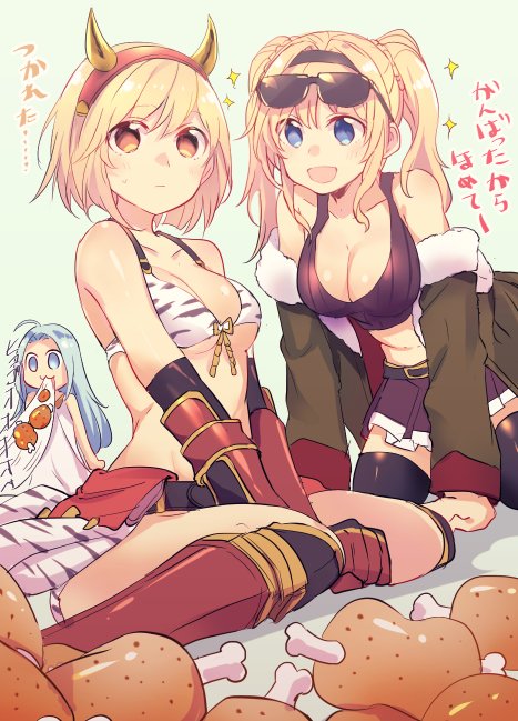 3girls all_fours alternate_costume animal_print black_legwear blonde_hair blue_eyes blue_hair breasts brown_hair cleavage commentary_request crop_top djeeta_(granblue_fantasy) eating fake_horns gauntlets granblue_fantasy hairband horns knees_together_feet_apart large_breasts looking_at_another lyria_(granblue_fantasy) midriff mikan-uji miniskirt multiple_girls navel ogre_(granblue_fantasy) open_mouth short_hair sitting skirt sunglasses sunglasses_on_head swimsuit thigh-highs twintails wavy_hair zebra_print zeta_(granblue_fantasy)