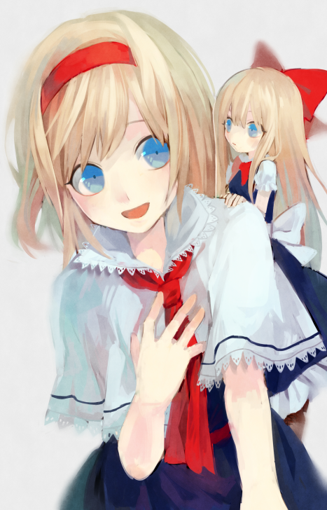 2girls :d :| alice_margatroid ascot bangs belt blonde_hair blue_dress blue_eyes blurry blush bow brown_footwear brown_shoes capelet carbonara_hontyotyo closed_mouth depth_of_field doll dress expressionless eye_contact frilled_capelet frilled_sleeves frills full_body grey_background hair_bow hair_ornament hairband hand_on_another's_shoulder hand_on_own_chest long_hair looking_at_another looking_to_the_side multiple_girls neck_ribbon open_mouth puffy_short_sleeves puffy_sleeves red_ascot red_belt red_bow red_hairband red_ribbon ribbon shanghai_doll shoelaces shoes short_hair short_sleeves simple_background size_difference smile swept_bangs tareme touhou upper_body white_bow white_capelet