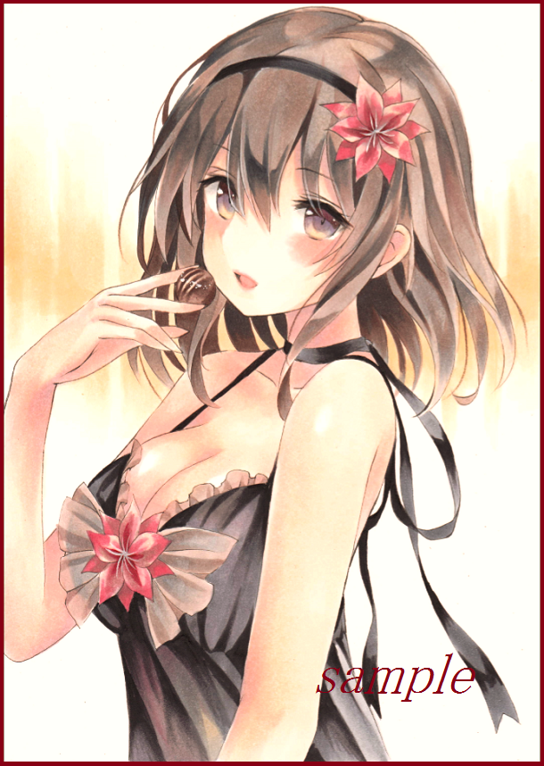 1girl babydoll bangs blush breasts brown_eyes brown_hair chocolate colored_pencil_(medium) eating eyebrows_visible_through_hair food from_side hair_between_eyes hairband holding holding_chocolate holding_food large_breasts lingerie looking_at_viewer marker_(medium) open_mouth original potto sample smile solo traditional_media underwear