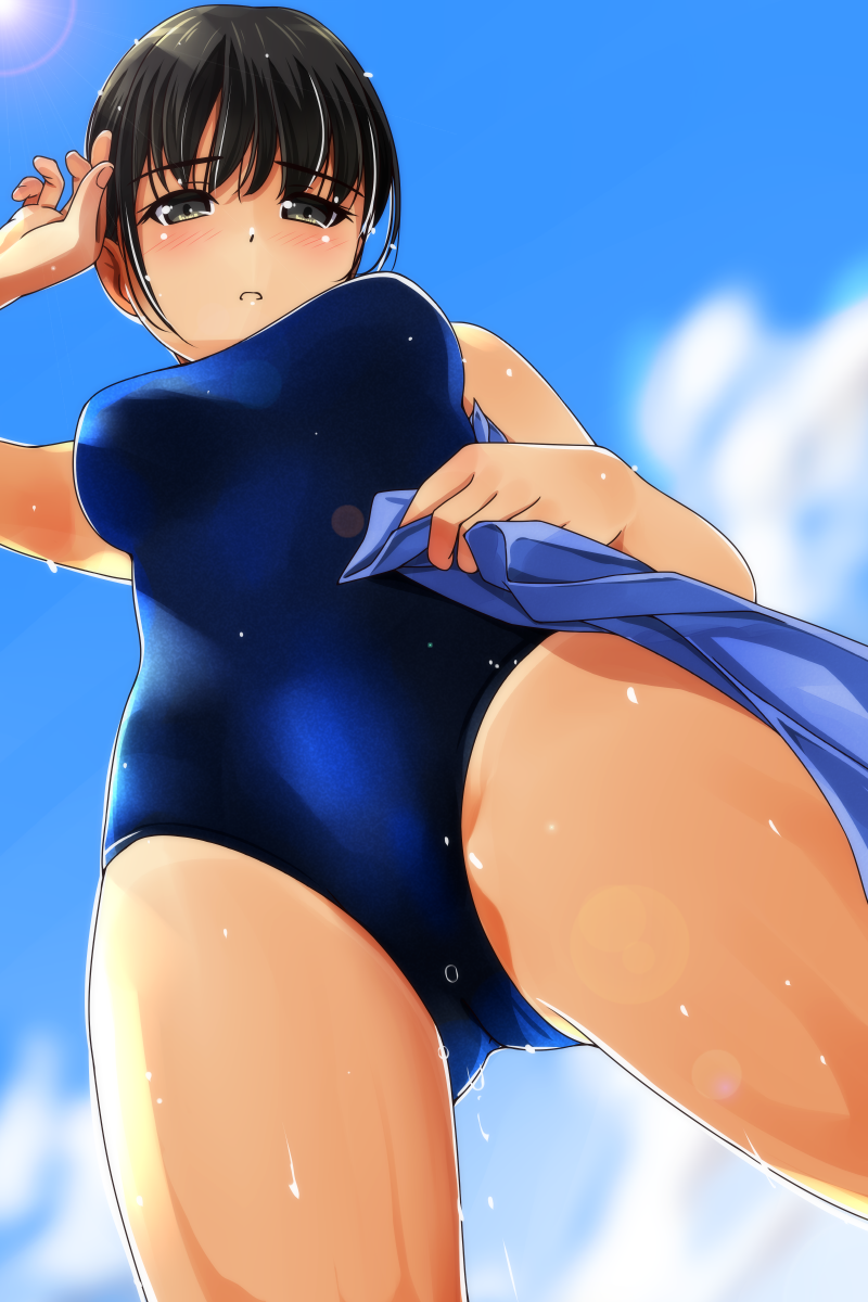 1girl bangs black_eyes black_hair blue_sky blue_swimsuit blurry blurry_background blush breasts clouds eyebrows eyebrows_visible_through_hair highres holding looking_at_viewer matsunaga_kouyou one-piece_swimsuit open_mouth original short_hair sky solo swimsuit thighs wet