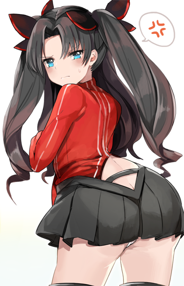 1girl annoyed ass black_hair blush fate/extra fate/stay_night fate_(series) green_eyes hair_ribbon huge_ass long_hair looking_at_viewer looking_back ribbon simple_background skirt solo standing sweat thigh-highs tohsaka_rin toi_(toiot)