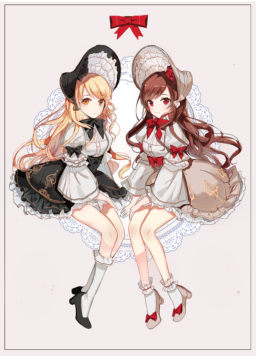 2girls blonde_hair brown_eyes brown_hair dress expressionless frilled_dress frills gothic_lolita highres inuinushell juliet_sleeves kneehighs lace light_smile lolita_fashion long_hair long_sleeves looking_at_viewer multiple_girls original puffy_sleeves red_eyes ribbon shoes sitting socks wavy_hair