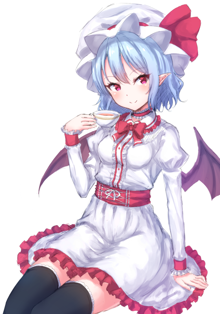 1girl arm_at_side bangs bat_wings black_legwear blue_hair blush bow bowtie breasts center_frills choker closed_mouth commentary cowboy_shot cup dress eyebrows_visible_through_hair eyelashes frilled_choker frilled_dress frilled_shirt_collar frilled_sleeves frills hair_ribbon hat head_tilt holding holding_cup juliet_sleeves junior27016 long_sleeves looking_at_viewer mob_cap pink_eyes pointy_ears puffy_sleeves purple_wings red_bow red_bowtie red_ribbon remilia_scarlet ribbon sash short_hair simple_background sitting small_breasts smile solo tea teacup thigh-highs touhou tsurime white_background white_dress white_hat wings zettai_ryouiki