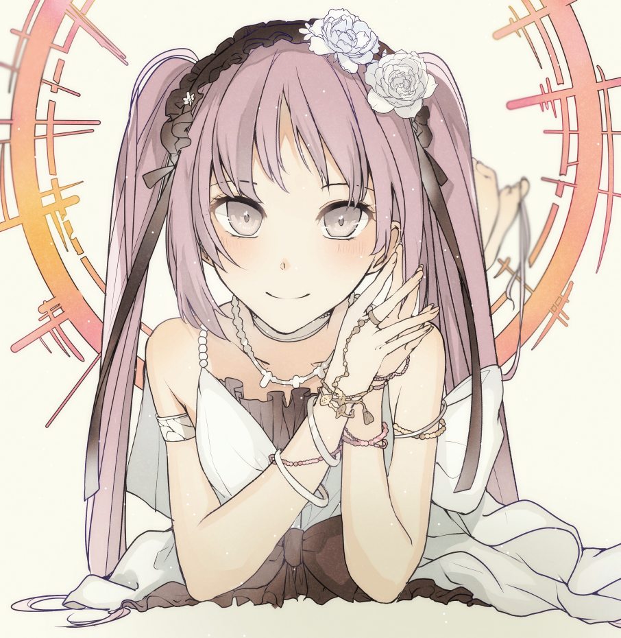 1girl armlet barefoot black_bow black_hairband bow choker collarbone dress euryale fate/hollow_ataraxia fate_(series) flower grey_eyes hair_flower hair_ornament hairband hrmnas jewelry lolita_hairband long_hair looking_at_viewer lying on_stomach purple_hair ring sleeveless sleeveless_dress smile solo the_pose twintails white_dress white_flower