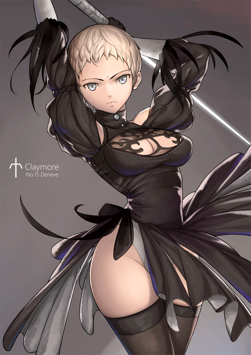 arms_up bare_shoulders blonde_hair blue_eyes breasts claymore cosplay deneve eyepatch eyepatch_removed groin highres leotard looking_at_viewer nier_(series) nier_automata puffy_sleeves serious short_hair sword thigh-highs tsuki_suigetsu weapon yorha_no._2_type_b yorha_no._2_type_b_(cosplay)