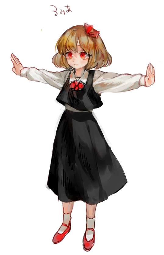 1girl ascot black_skirt black_vest blonde_hair carbonara_hontyotyo character_name closed_mouth collared_shirt full_body hair_ornament hair_ribbon long_sleeves looking_away mary_janes outstretched_arms red_ascot red_eyes red_footwear red_ribbon red_shoes ribbon rumia shirt shoes short_hair simple_background skirt skirt_set sleeve_cuffs smile socks solo spread_arms standing tareme touhou vest white_background white_legwear white_shirt wing_collar