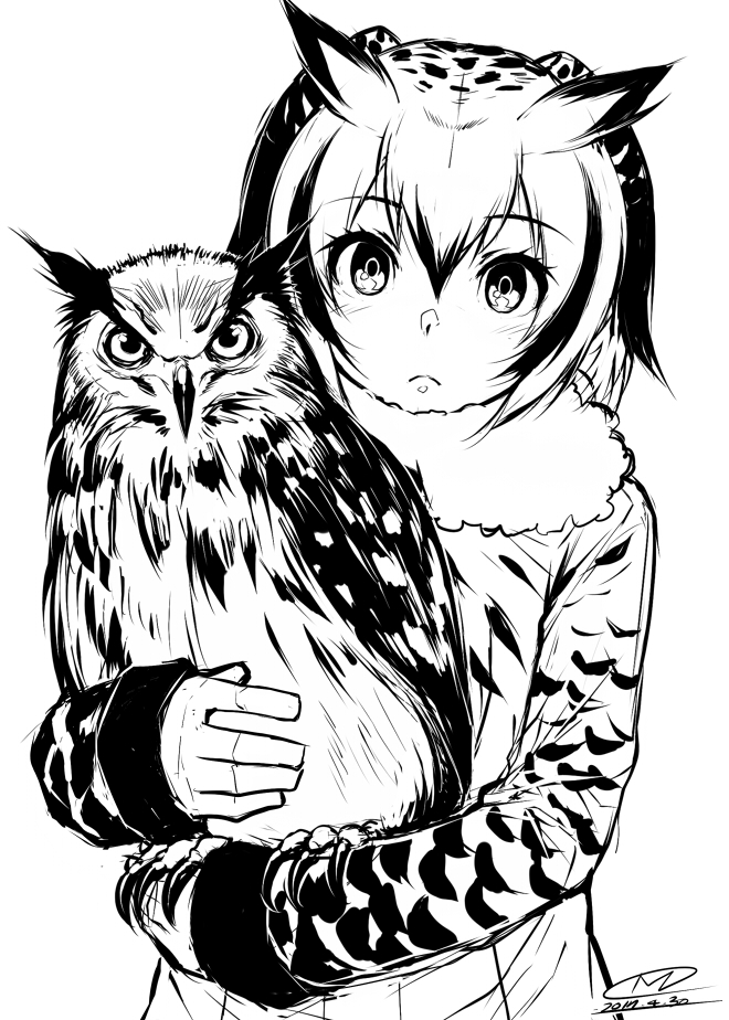 1girl 2017 animal closed_mouth coat eurasian_eagle_owl eurasian_eagle_owl_(kemono_friends) frown happa_(cloverppd) head_tilt head_wings holding kemono_friends long_sleeves looking_at_viewer monochrome number signature sketch