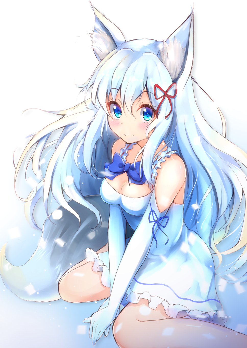 1girl animal_ears bangs bare_shoulders between_legs blue_bow blue_dress blue_eyes blue_gloves blue_ribbon blush bow breasts cleavage closed_mouth commentary_request dress elbow_gloves eyebrows_visible_through_hair fox_ears fox_girl fox_tail frilled_dress frills gloves hair_between_eyes hair_ribbon hand_between_legs hands_together highres light_blue_hair long_hair looking_at_viewer medium_breasts on_floor original red_ribbon ribbon ribbon-trimmed_dress shadow sidelocks sitting sleeveless sleeveless_dress smile solo tail two-tone_background wariza ymd_(holudoun)