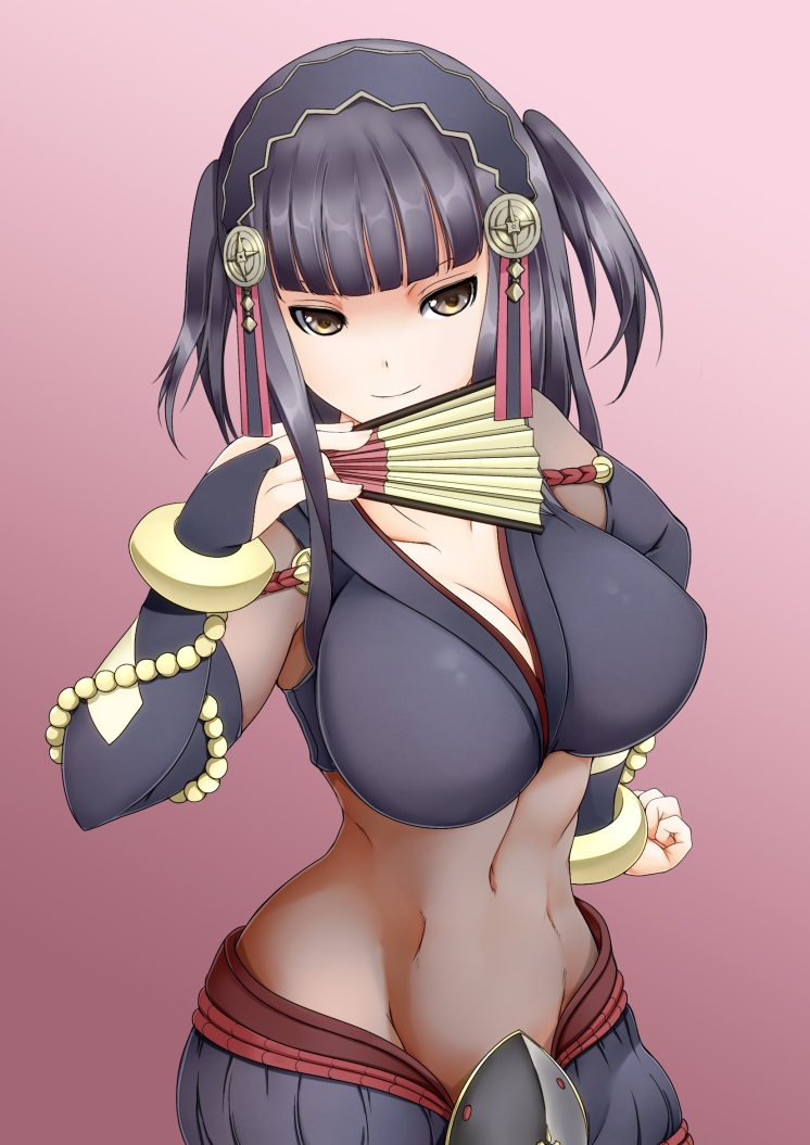 1girl ashita_yaru bare_shoulders black_gloves black_hair bracelet breasts brown_eyes cleavage cowboy_shot elbow_gloves fan fire_emblem fire_emblem_if folding_fan gloves gradient gradient_background groin hair_ornament hand_on_hip jewelry large_breasts looking_at_viewer midriff navel purple_background robe short_hair short_twintails smile solo syalla_(fire_emblem_if) twintails