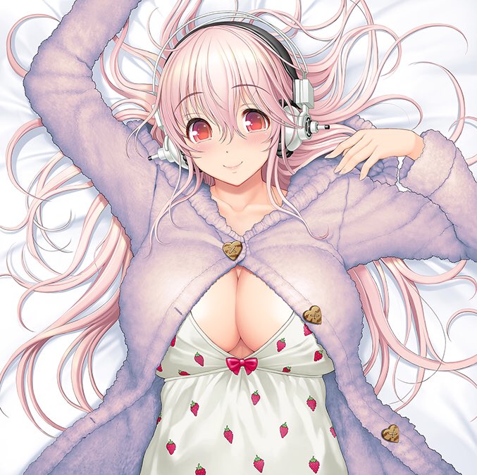 1girl bow breasts cleavage commentary_request eyebrows_visible_through_hair food_print headphones heart-shaped_buttons large_breasts long_hair lying nightgown nitroplus on_back pink_hair purple_sweater red_bow red_eyes smile solo strawberry_print super_sonico sweater tsuji_santa