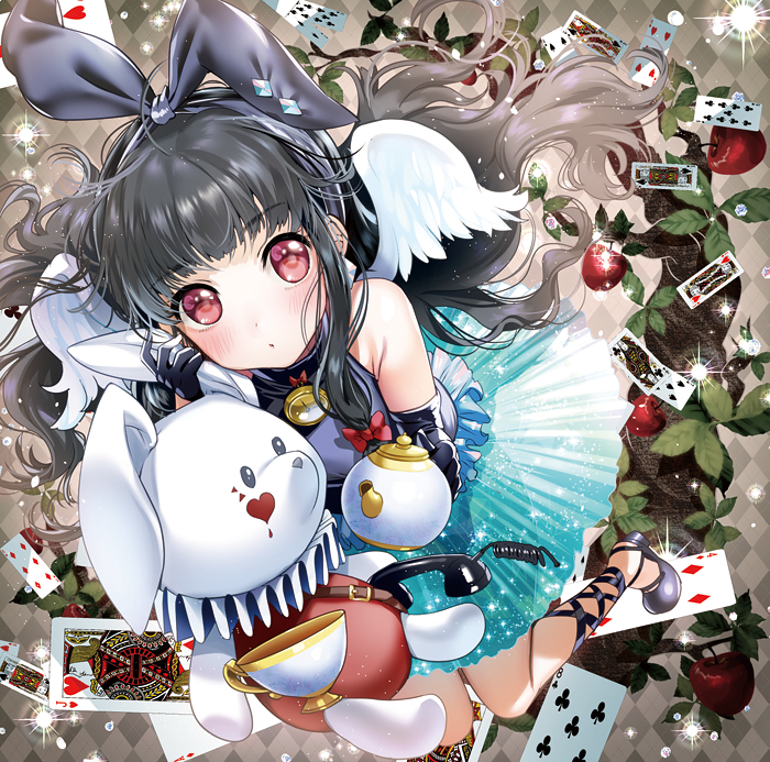 1girl :o black_hair bow card cup eyebrows_visible_through_hair hair_bow holding holding_stuffed_animal long_hair looking_at_viewer open_mouth original playing_card red_bow red_eyes solo stuffed_animal stuffed_bunny stuffed_toy tea_kettle teacup wings yan'yo_(yan'yan'yo)
