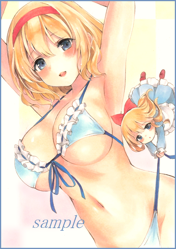 1girl alice_margatroid armpits arms_up bikini blonde_hair blue_bikini blue_eyes blush bow breasts cleavage colored_pencil_(medium) front-tie_bikini front-tie_top hair_bow hairband large_breasts light_smile looking_at_viewer marker_(medium) navel parted_lips potto potto_(minntochan) red_bow sample shanghai_doll side-tie_bikini solo stomach swimsuit touhou traditional_media untied untied_bikini