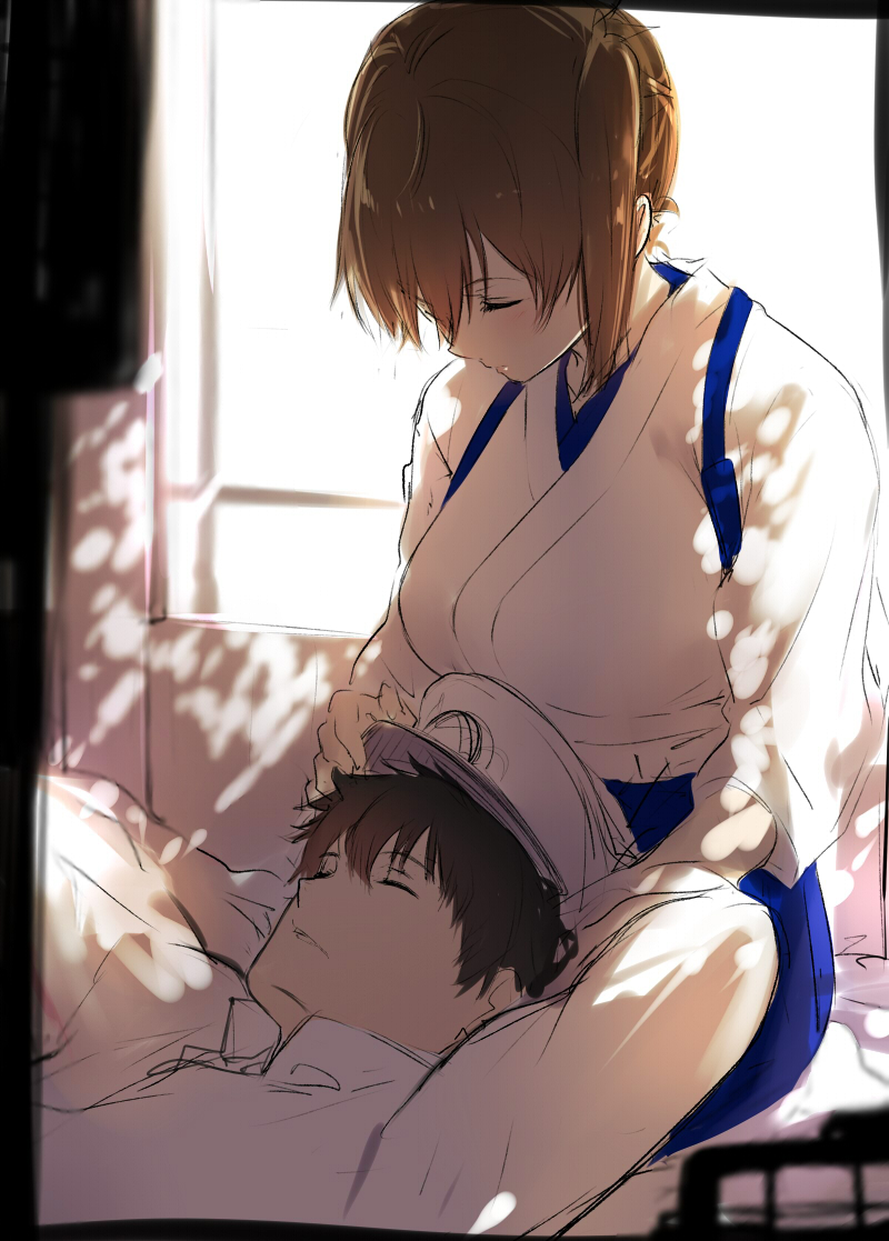 1boy 1girl admiral_(kantai_collection) arms_behind_head arms_up bangs blue_skirt blurry breasts brown_hair closed_eyes closed_mouth dappled_sunlight day depth_of_field hakama_skirt hand_on_another's_head hat indoors isshiki_(ffmania7) jacket japanese_clothes kaga_(kantai_collection) kantai_collection kimono lap_pillow long_sleeves looking_at_another looking_down lying medium_breasts military military_uniform on_back one_side_up peaked_cap short_hair sitting sketch skirt sleeping sunlight uniform white_hat white_jacket white_kimono window