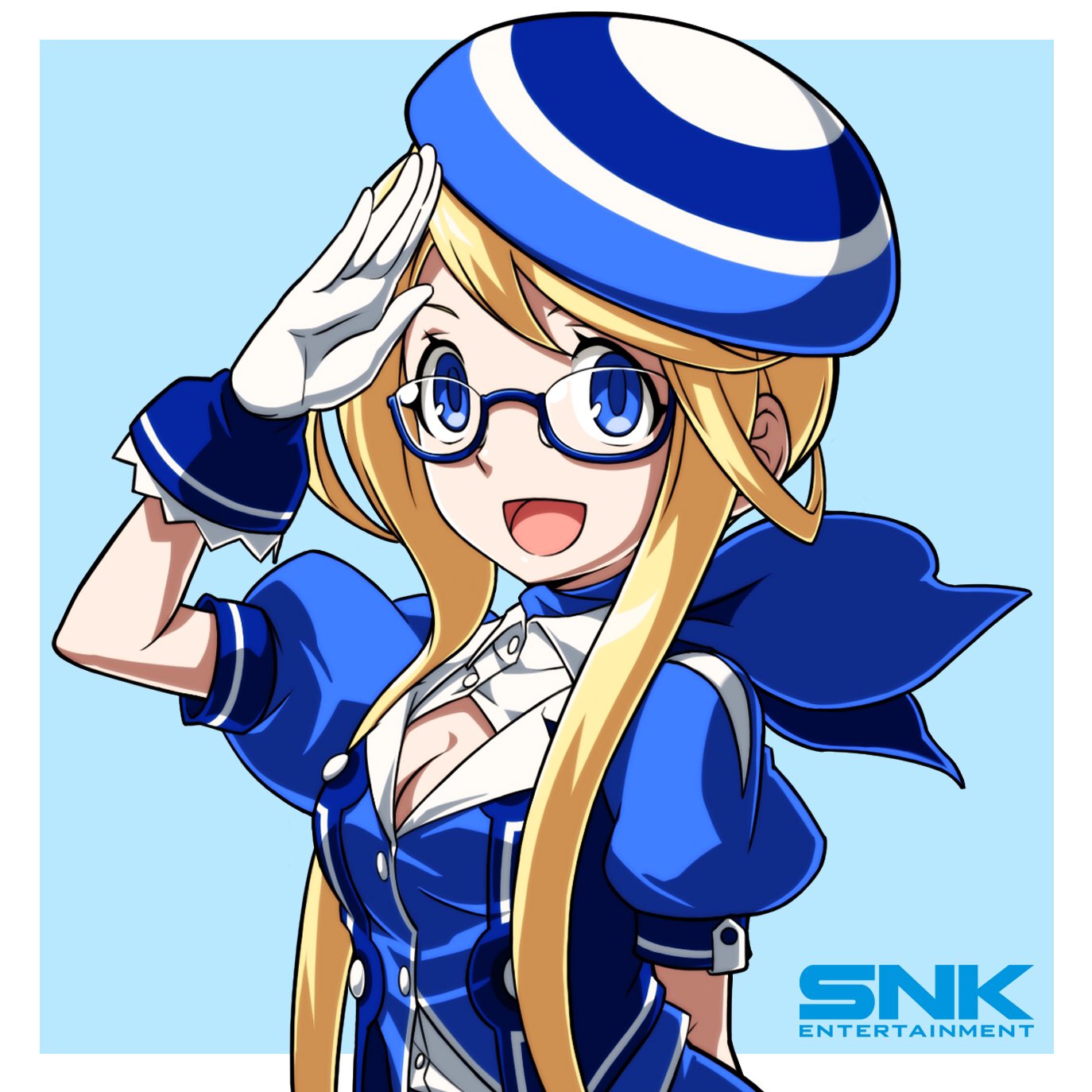 1girl ascot beret blonde_hair blue-framed_eyewear blue_ascot blue_background blue_eyes breasts cleavage enta_girl falcoon glasses gloves hat highres jacket logo looking_at_viewer mascot official_art puffy_short_sleeves puffy_sleeves salute semi-rimless_glasses short_hair_with_long_locks short_sleeves simple_background smile snk solo upper_body