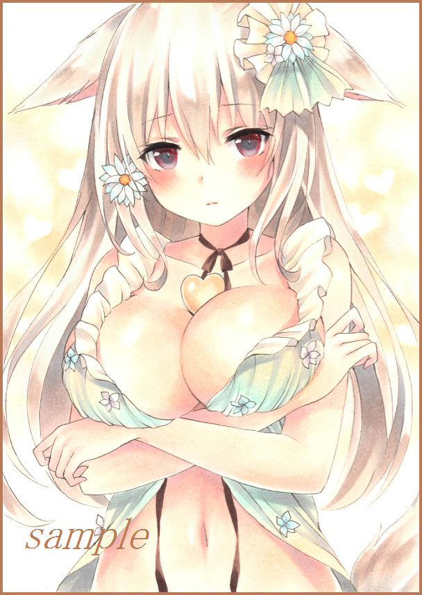 1girl animal_ears bangs between_breasts blonde_hair blush breasts cleavage closed_mouth collarbone colored_pencil_(medium) crossed_arms embarrassed eyebrows_visible_through_hair flower hair_between_eyes hair_flower hair_ornament heart-shaped_food large_breasts light_frown long_hair looking_at_viewer marker_(medium) navel original potto sample solo tail traditional_media upper_body violet_eyes white_flower wolf_ears wolf_tail