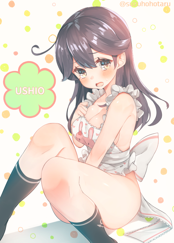 1girl ahoge alternate_costume apron between_legs black_hair black_legwear blush breasts character_name cleavage embarrassed full_body hand_between_legs kantai_collection knees_together_feet_apart large_breasts long_hair naked_apron no_bra no_panties open_mouth polka_dot polka_dot_background socks solo suzuho_hotaru tearing_up thighs twitter_username ushio_(kantai_collection)