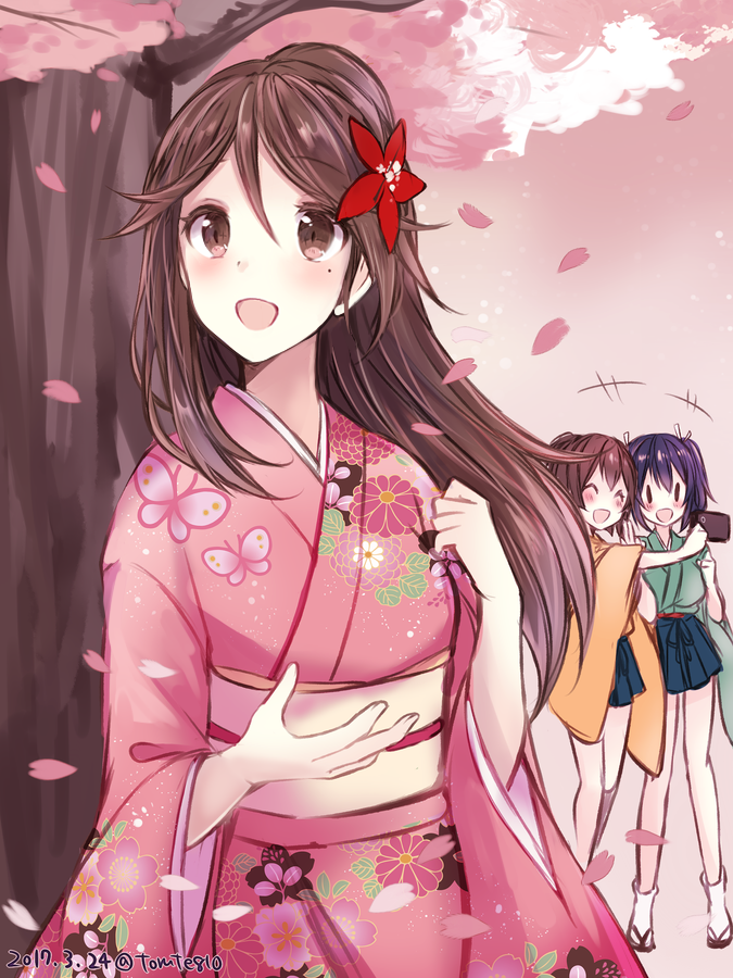 3girls alternate_costume amagi_(kantai_collection) blue_eyes blue_hair breasts brown_hair cellphone cherry_blossoms closed_eyes dated floral_print flower hair_between_eyes hair_flower hair_ornament hair_ribbon hakama_skirt high_ponytail hiryuu_(kantai_collection) japanese_clothes kabocha_torute kantai_collection kimono large_breasts long_hair miniskirt mole mole_under_eye multiple_girls open_mouth phone pink_kimono pleated_skirt ponytail ribbon self_shot short_hair side_ponytail sidelocks skirt smartphone solid_oval_eyes souryuu_(kantai_collection) tree twintails wide_sleeves