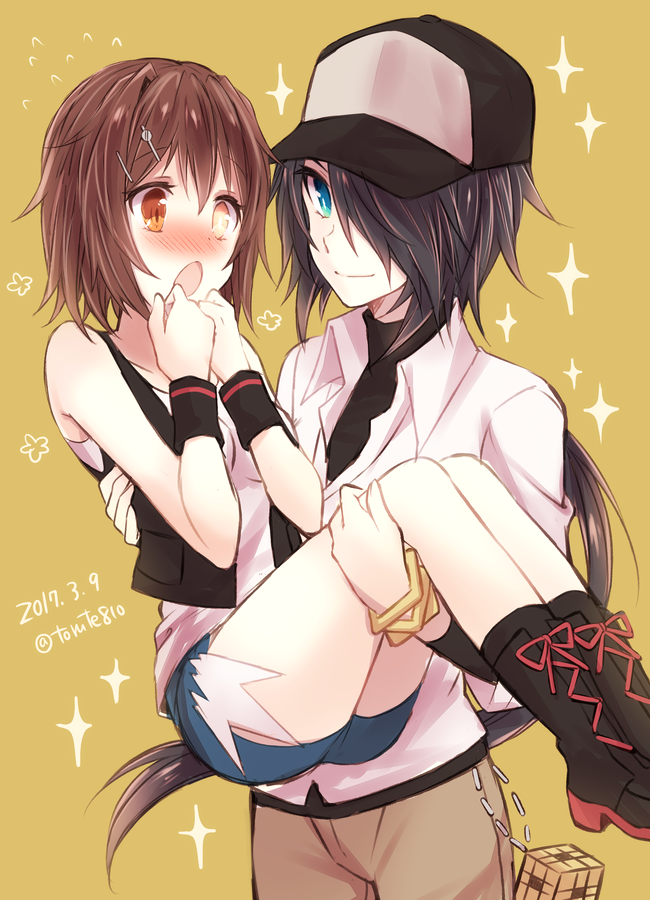 2girls :o artist_name bangle bare_shoulders black_boots black_hair black_vest blue_eyes blush boots bracelet breasts bright_pupils brown_eyes brown_hair brown_pants carrying closed_mouth collarbone collared_shirt cosplay cowboy_shot cube dated denim denim_shorts flower furutaka_(kantai_collection) hair_ornament hair_over_one_eye hairclip hands_on_own_face heterochromia jewelry kabocha_torute kako_(kantai_collection) kantai_collection knee_boots long_hair long_sleeves low_ponytail medium_breasts multiple_girls n_(pokemon) n_(pokemon)_(cosplay) nose_blush open_clothes open_mouth open_vest pants princess_carry red_ribbon ribbon shirt short_hair short_shorts shorts simple_background smile sparkle standing sweatband tank_top thighs touko_(pokemon) touko_(pokemon)_(cosplay) twitter_username vest white_shirt wing_collar yellow_background yellow_eyes yuri