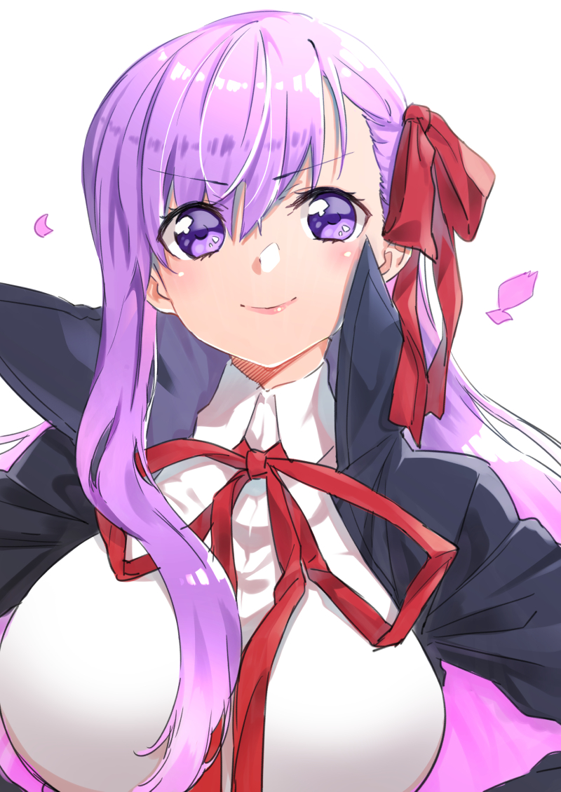 &gt;:) 1girl asa_kusa_99 bb_(fate/extra_ccc) blush breasts cherry_blossoms fate/extra fate/extra_ccc fate_(series) hair_ribbon jacket large_breasts long_hair looking_at_viewer petals purple_hair ribbon simple_background smile solo upper_body violet_eyes white_background