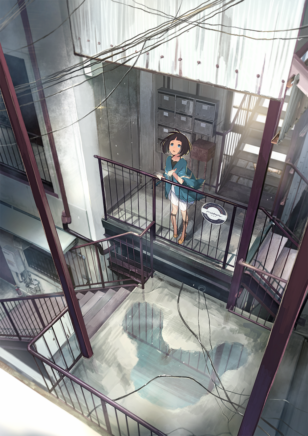 1girl black_hair blue_eyes building cable from_above hand_on_railing hand_up highres iwato1712 jacket looking_up mailbox open_mouth original pigeon-toed puddle railing reflection short_hair skirt slippers solo stairs standing wide_sleeves