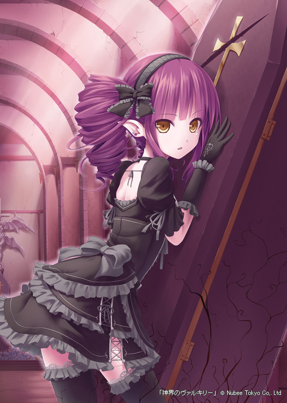 1girl against_wall akkijin black_dress black_gloves black_ribbon cross damaged dress drill_hair earrings expressionless frilled_dress frills gloves gothic_lolita grey_ribbon hair_ribbon indoors jewelry light_rays lolita_fashion long_hair looking_at_viewer looking_back pointy_ears purple_hair ribbed_dress ribbon sarcophagus shinkai_no_valkyrie short_dress short_hair stairs statue thigh-highs twin_drills twintails vampire_(shinkai_no_valkyrie) yellow_eyes