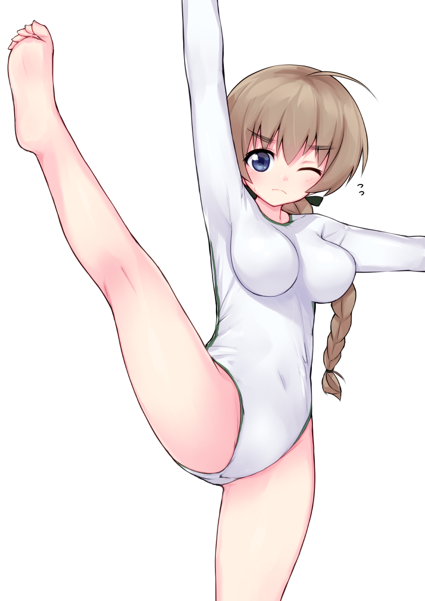 1girl arm_up barefoot blue_eyes blush braid breasts brown_hair closed_mouth debutya_aki eyebrows_visible_through_hair flying_sweatdrops frown groin gymnast_leotard gymnastics hair_between_eyes head_tilt highres large_breasts leg_lift leotard long_hair looking_at_viewer low_ponytail lynette_bishop outstretched_arm simple_background solo strike_witches sweatdrop white_background white_leotard world_witches_series