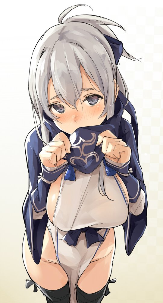 1girl ainu ainu_clothes blue_eyes blush breasts commentary covering_mouth cowboy_shot cropped_jacket dress folded_ponytail hair_between_eyes headband headband_removed kamoi_(kantai_collection) kantai_collection kekemotsu large_breasts long_hair long_sleeves looking_at_viewer no_panties sidelocks simple_background sleeveless sleeveless_dress solo thick_eyebrows thigh-highs white_dress white_hair wrist_guards