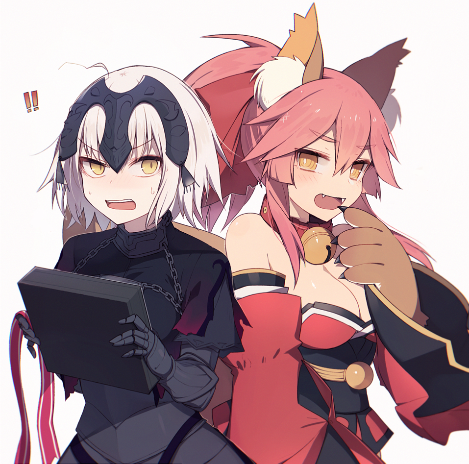 !! 2girls ahoge animal_ears armor armored_dress bare_shoulders bell bell_collar black_dress blush bow box breasts bright_pupils brown_eyes brown_gloves chains cleavage collar detached_sleeves dress eyebrows_visible_through_hair fangs fate/extra fate/grand_order fate_(series) fox_ears furrowed_eyebrows gauntlets gloves hair_between_eyes hair_bow hair_ornament headpiece japanese_clothes jeanne_d'arc_(alter)_(fate) jeanne_d'arc_(fate)_(all) jingle_bell kimono large_breasts long_sleeves looking_at_viewer medium_breasts multiple_girls muryou paw_gloves paws pink_hair ponytail red_bow red_kimono sash short_hair short_sleeves silver_hair simple_background sweat tamamo_(fate)_(all) tamamo_cat_(fate) thick_eyebrows tsurime upper_body white_background wide_sleeves x_hair_ornament yellow_eyes