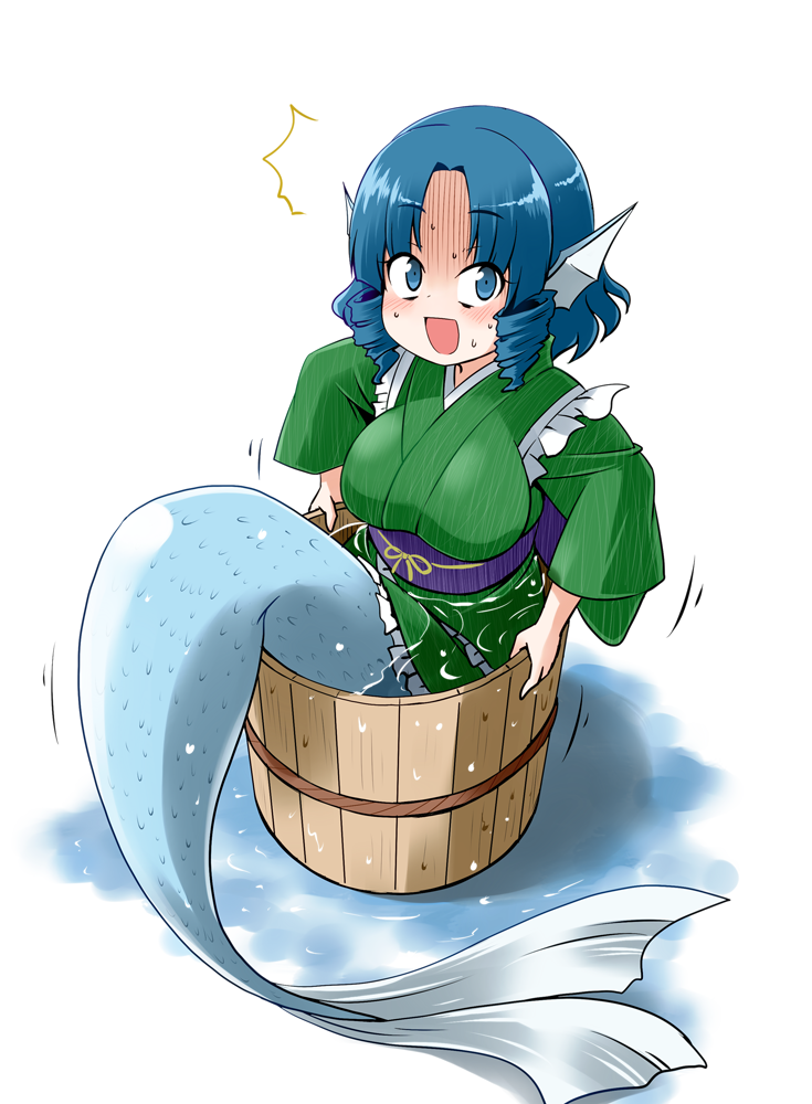 1girl blue_eyes blue_hair blush breasts bucket drill_hair green_kimono head_fins in_bucket in_container japanese_clothes kimono kousei_(public_planet) large_breasts mermaid monster_girl obi open_mouth sash shaded_face short_kimono solo stuck touhou wakasagihime