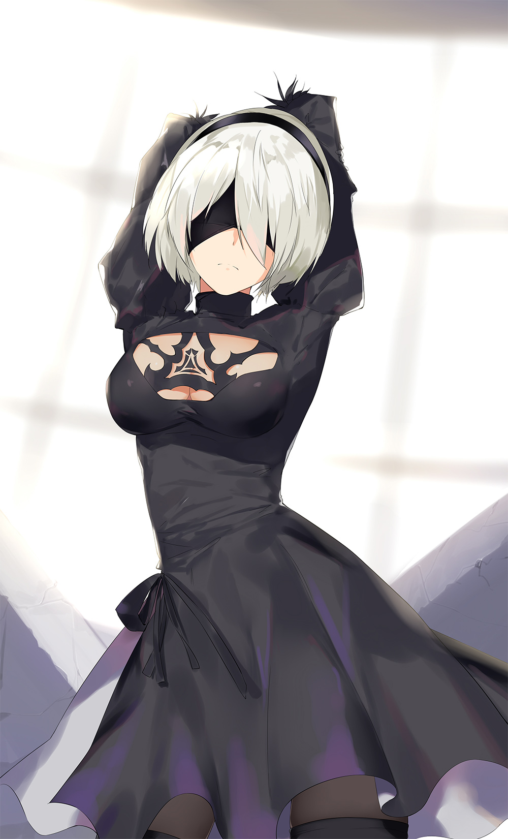 arms_up black_gloves black_legwear blindfold breasts cleavage dress gloves hairband high_heels highres leotard mole mole_under_mouth multicolored multicolored_clothes multicolored_gloves nier_(series) nier_automata open-back_dress short_hair skindentation skirt sunlight thigh-highs thighs white_gloves white_hair wujia_xiaozi yorha_no._2_type_b