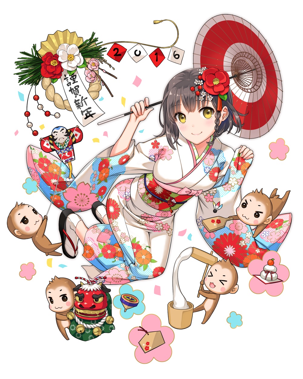 &gt;_&lt; 1girl 2016 :3 :d bangs black_hair blush braid camellia_(flower) charm_(object) closed_eyes closed_mouth ema eyebrows_visible_through_hair floral_print flower full_body hair_flower hair_ornament happy_new_year head_tilt highres holding holding_umbrella japanese_clothes kagami_mochi kimono looking_at_viewer mignon monkey new_year oni_mask open_mouth oriental_umbrella original red_flower sandals side_braid simple_background smile socks solo spinning_top tabi translated umbrella white_background white_kimono white_legwear year_of_the_monkey yellow_eyes