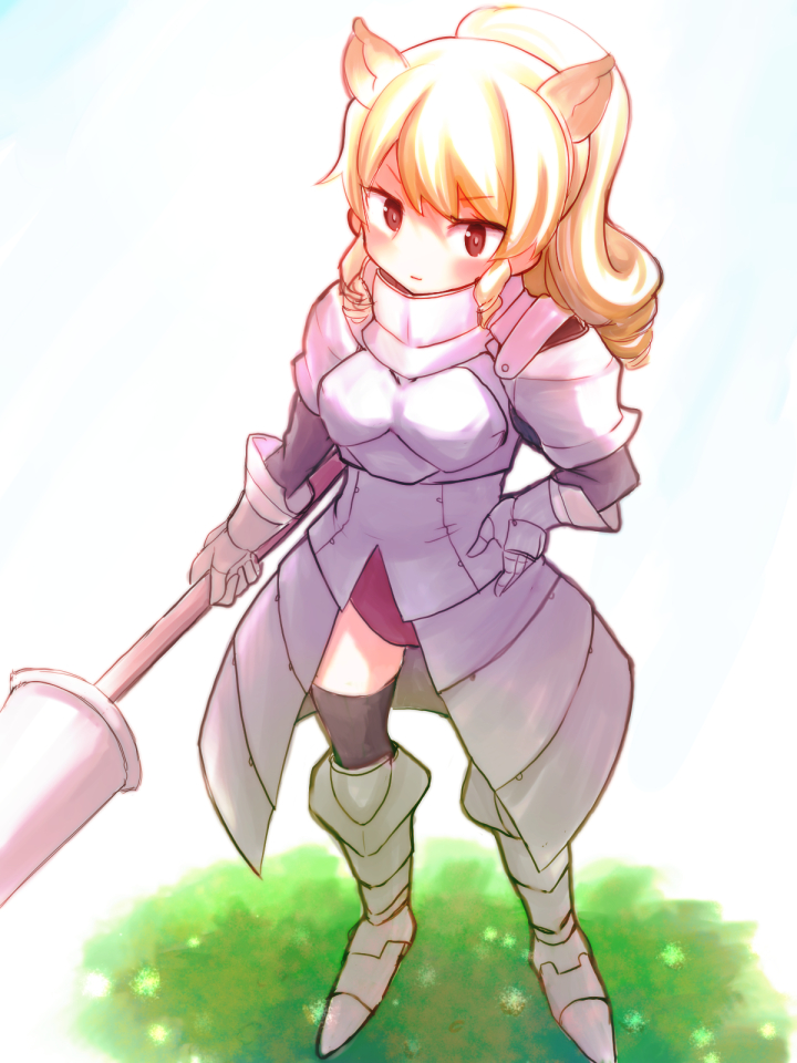 1girl animal_ears armor blonde_hair blush brown_eyes gloves kemono_friends long_hair nenkou-san polearm ponytail skirt solo spear thigh-highs weapon white_rhinoceros_(kemono_friends)