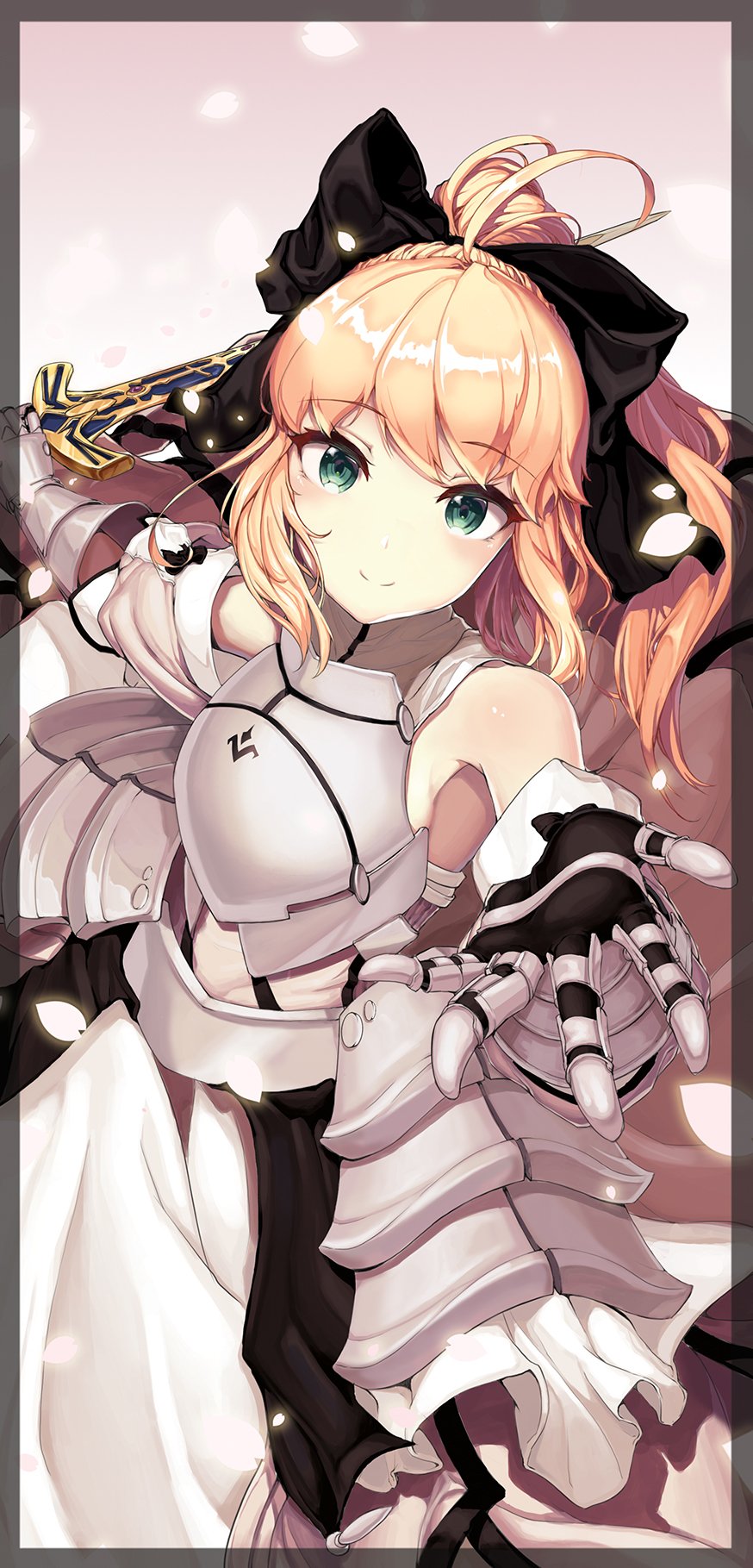 1girl armor armored_dress blonde_hair blush bow emil_(dnjsrl63) eyebrows_visible_through_hair fate/stay_night fate/unlimited_codes fate_(series) gloves green_eyes hair_bow highres holding holding_sword holding_weapon looking_at_viewer outstretched_arm saber saber_lily short_hair smile solo sword weapon