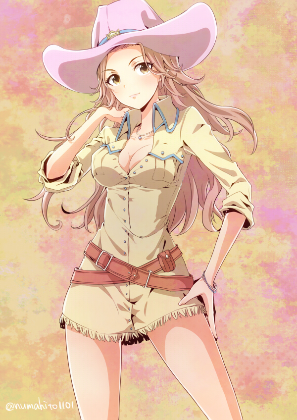 1girl bare_legs belt bracelet breasts brown_eyes cleavage commentary_request cowboy_hat cowboy_shot hamakawa_ayuna hand_on_hip hat idolmaster idolmaster_cinderella_girls jewelry long_hair medium_breasts necklace numahito pink_hair solo