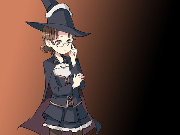 1girl adjusting_glasses adrian_ferrer alternate_breast_size black_dress brown_background brown_eyes brown_hair cape dress flat_chest glasses gradient gradient_background hat kantai_collection pantyhose roma_(kantai_collection) solo witch_hat